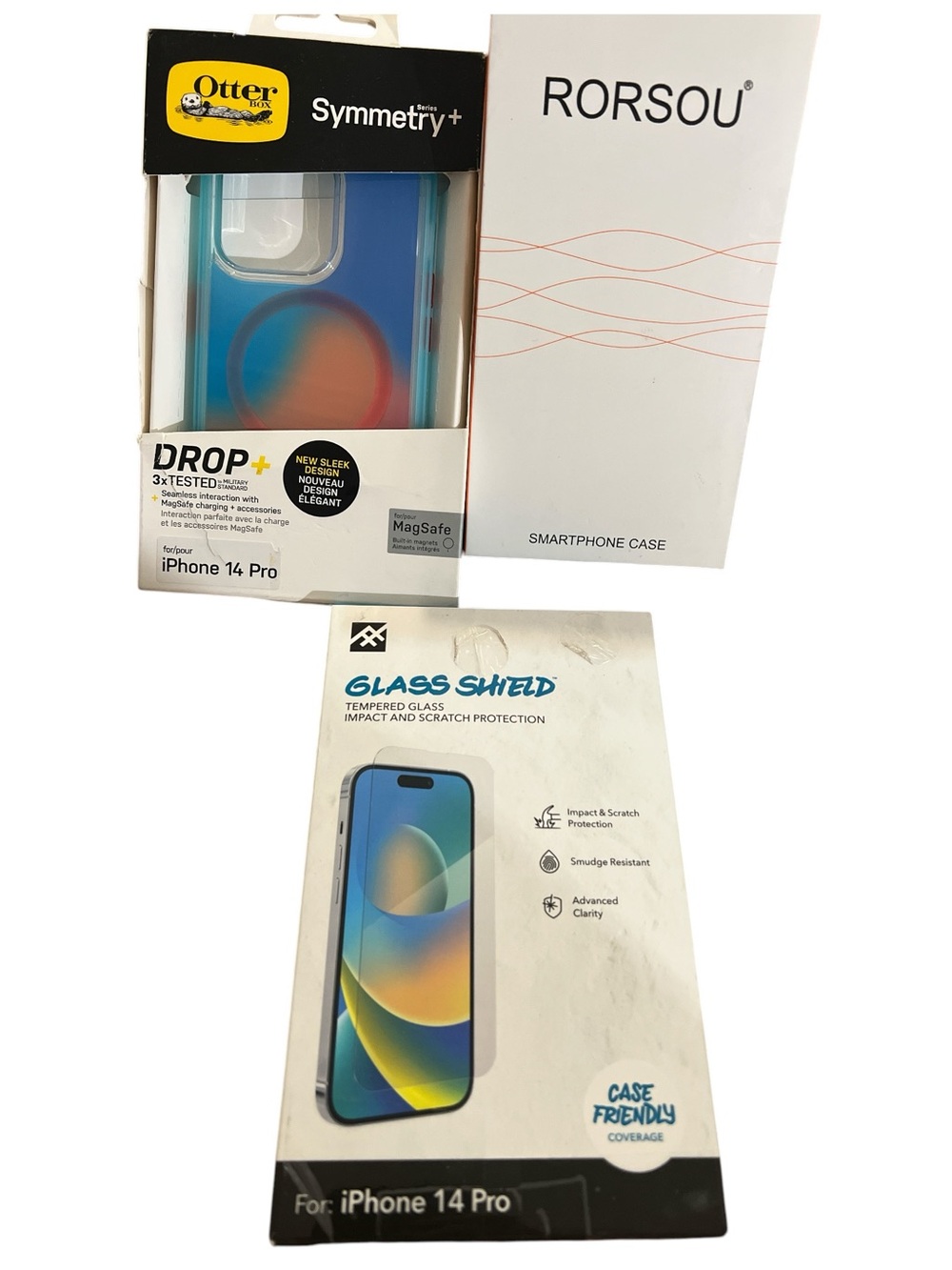 iPhone 14 Pro Bundle of 3, OtterBox + RORSOU Case + Glass Shield Tempered Glass